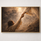Framed artwork of a religious scene with two figures reaching out to each other against a dramatic sky.