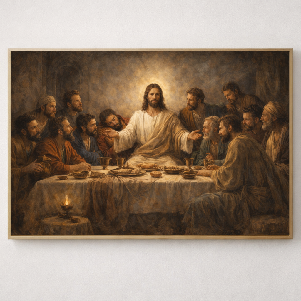 A reverent Christian artwork depicting the Last Supper with Jesus Christ and the twelve apostles
