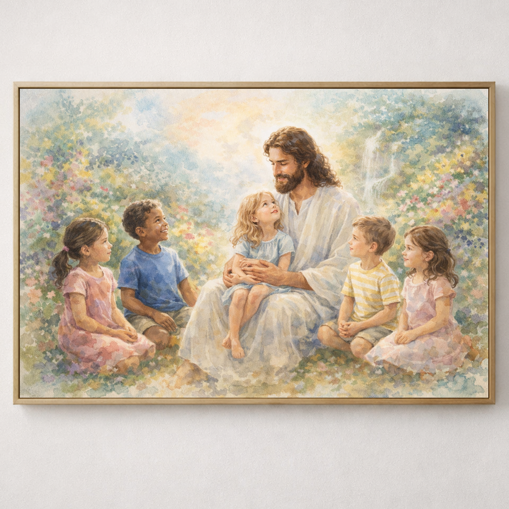 Jesus surrounded by children in a peaceful garden scene