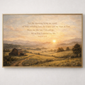 Framed landscape painting with a sunset over a barn and fields, featuring a religious quote.