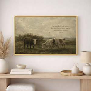 Psalm 4:8 Pastoral Cow Painting | Moody Christian Farmhouse Wall Art