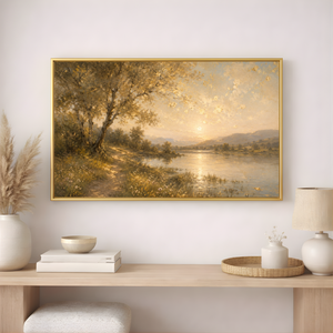 Golden Riverbank Path | Antique Gold Landscape Canvas Wall Art