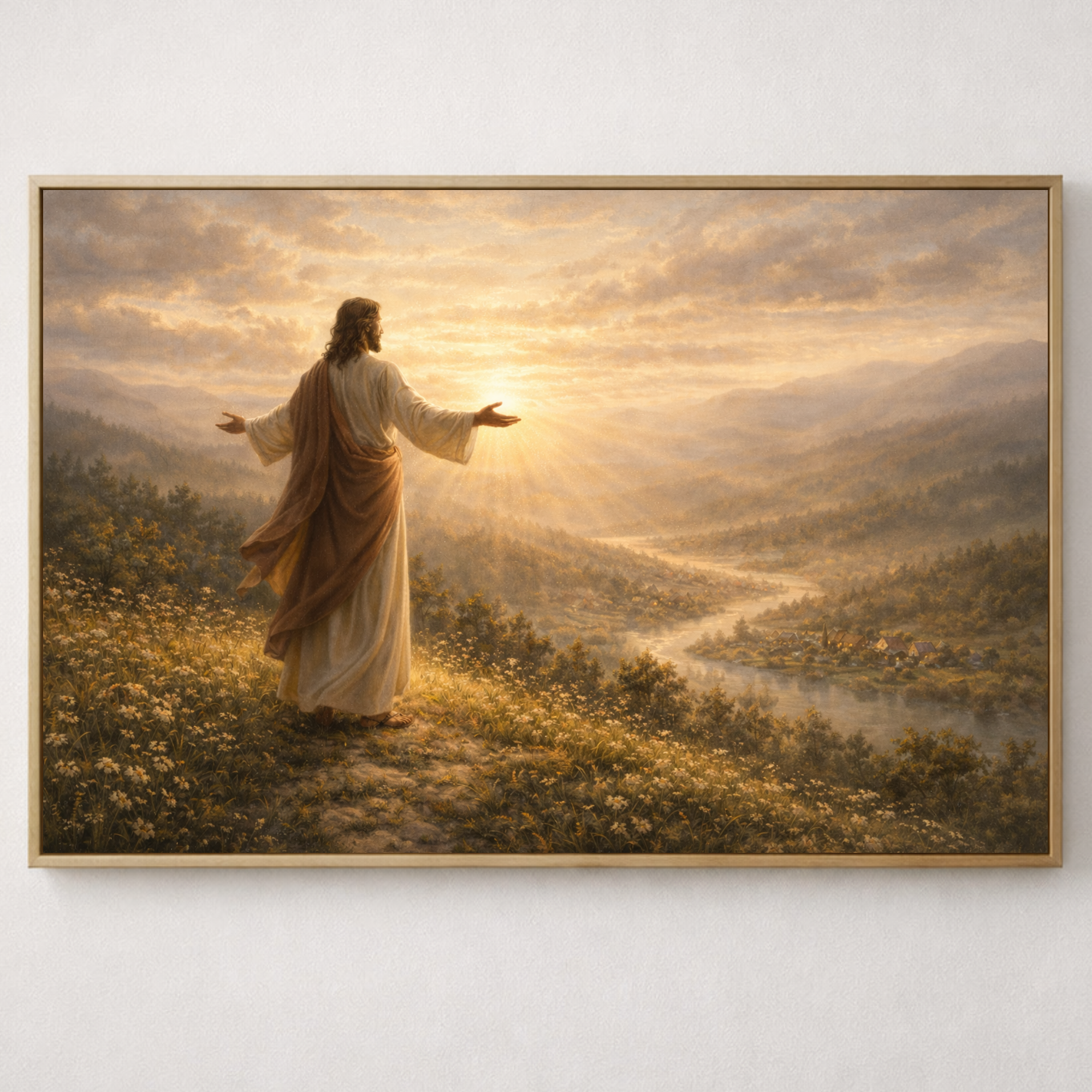 Framed artwork of a religious figure standing on a hill with a scenic landscape.