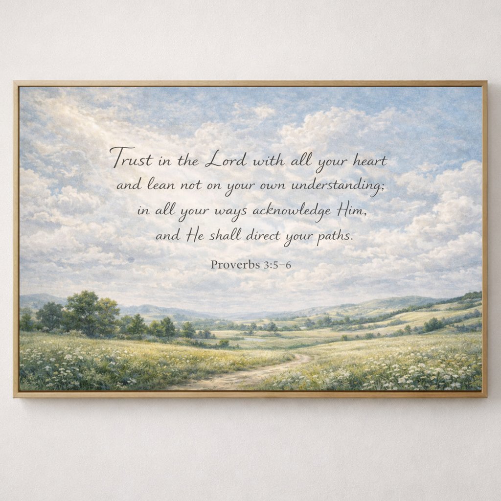 Framed artwork with a landscape scene and Proverbs 3:5-6 text on a white wall.