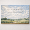 Framed artwork with a landscape scene and Proverbs 3:5-6 text on a white wall.