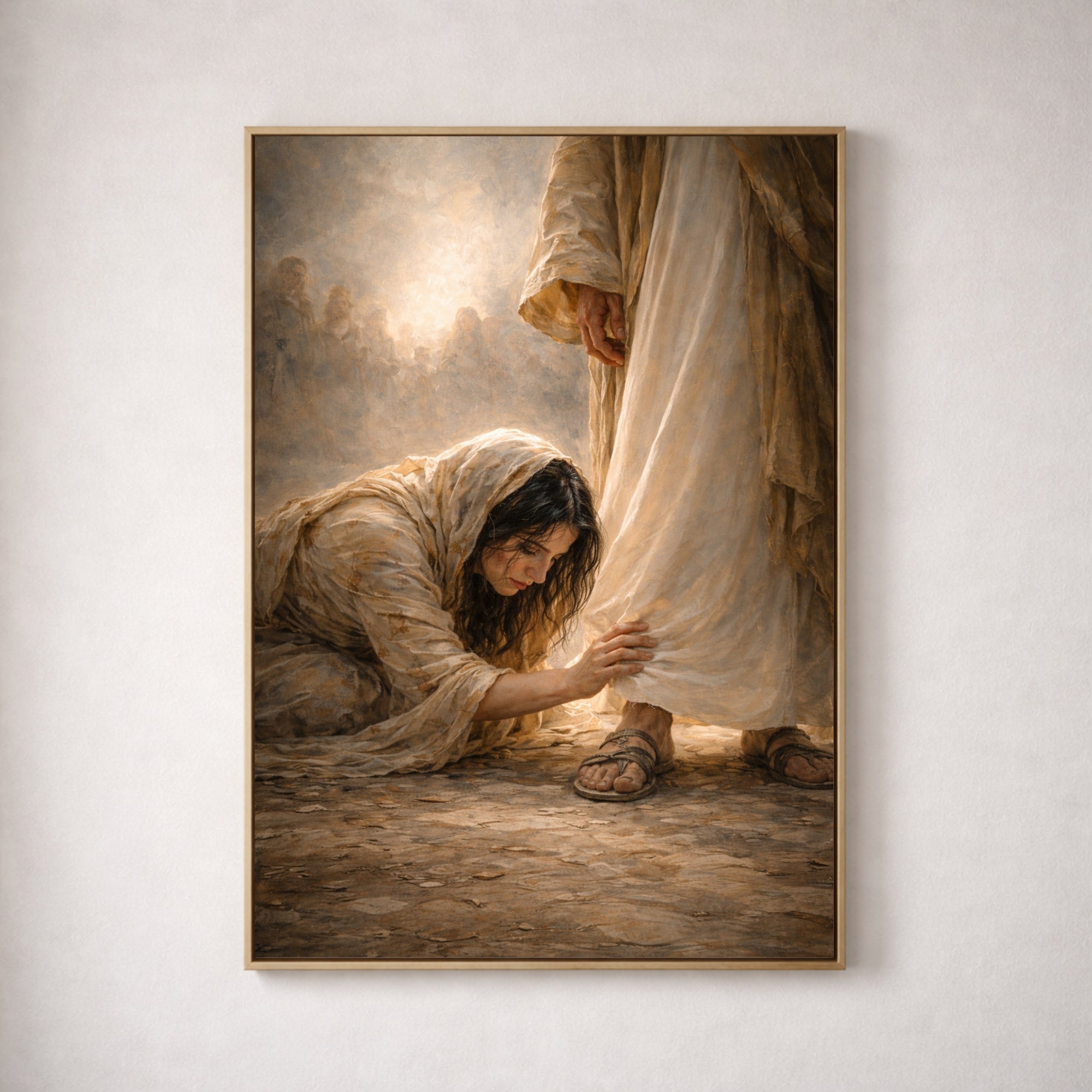 Framed artwork of a woman kneeling and touching a divine figure behind a curtain.