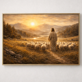 Framed artwork of a shepherd with sheep in a scenic landscape