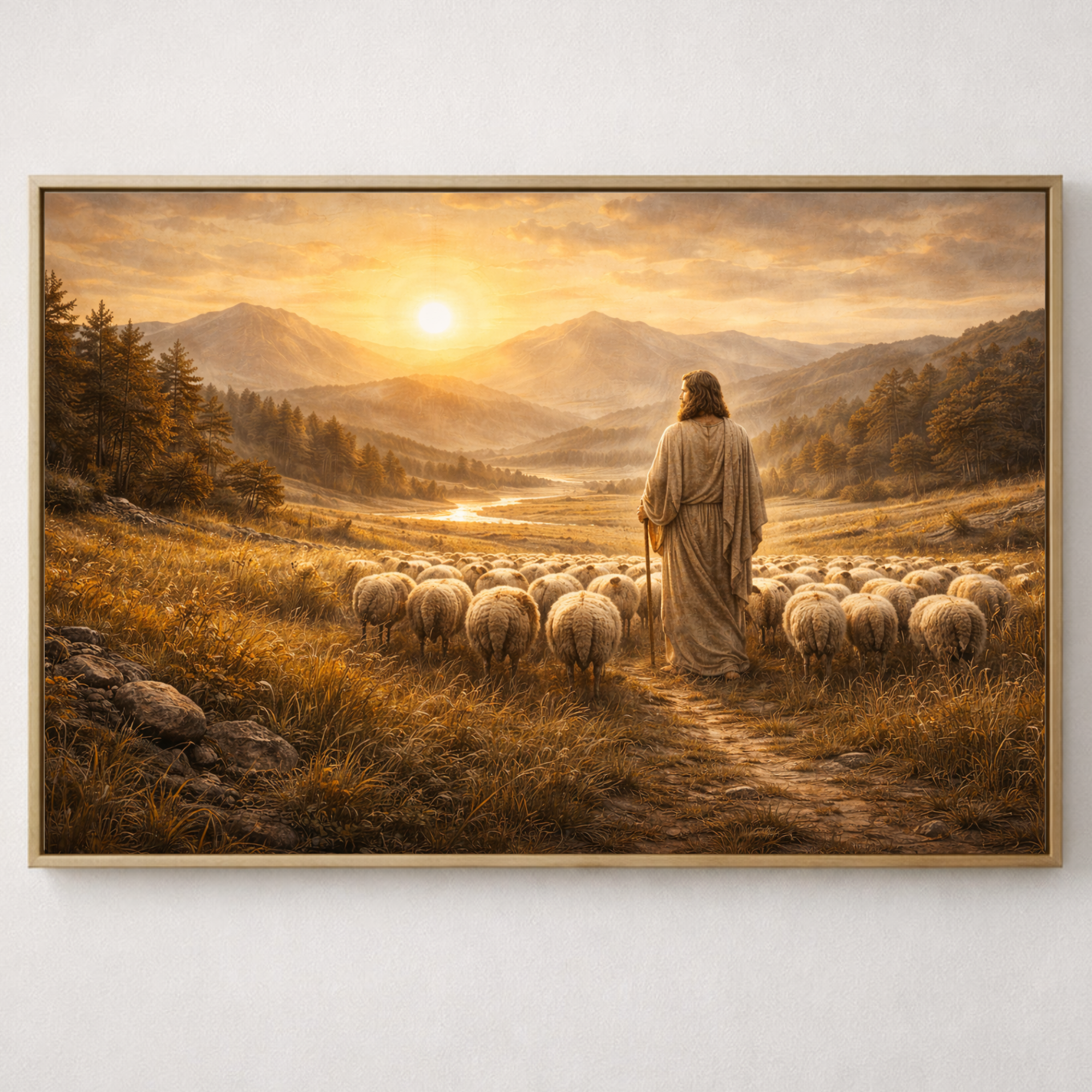 Framed artwork of a shepherd with sheep in a scenic landscape
