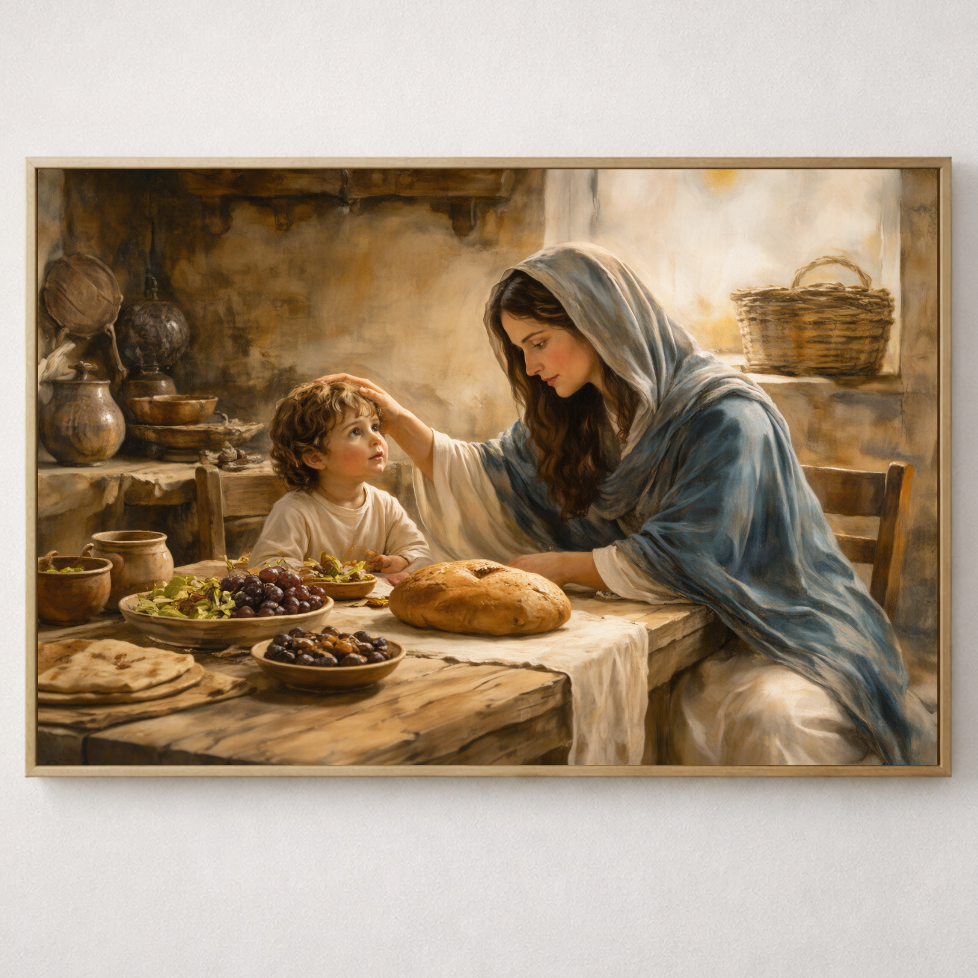 Mary blessing baby Jesus at the dining room table