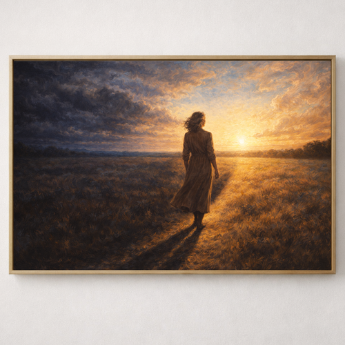 Framed artwork of a woman walking in a field at sunset.
