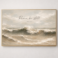 Peace Be Still scripture art inspired by Mark 4:39 featuring a calming ocean scene.