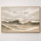 Peace Be Still scripture art inspired by Mark 4:39 featuring a calming ocean scene.