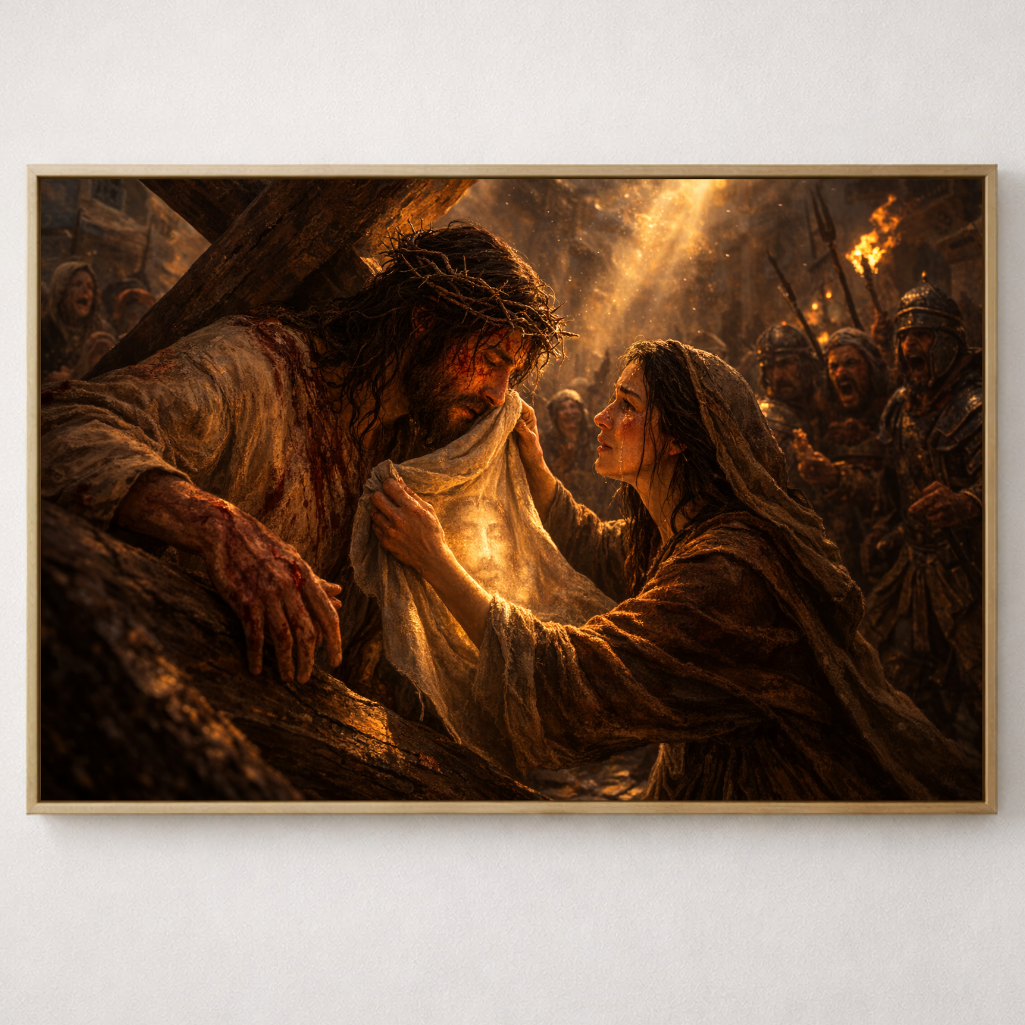 Framed artwork of a dramatic scene with two central figures against a fiery background.
