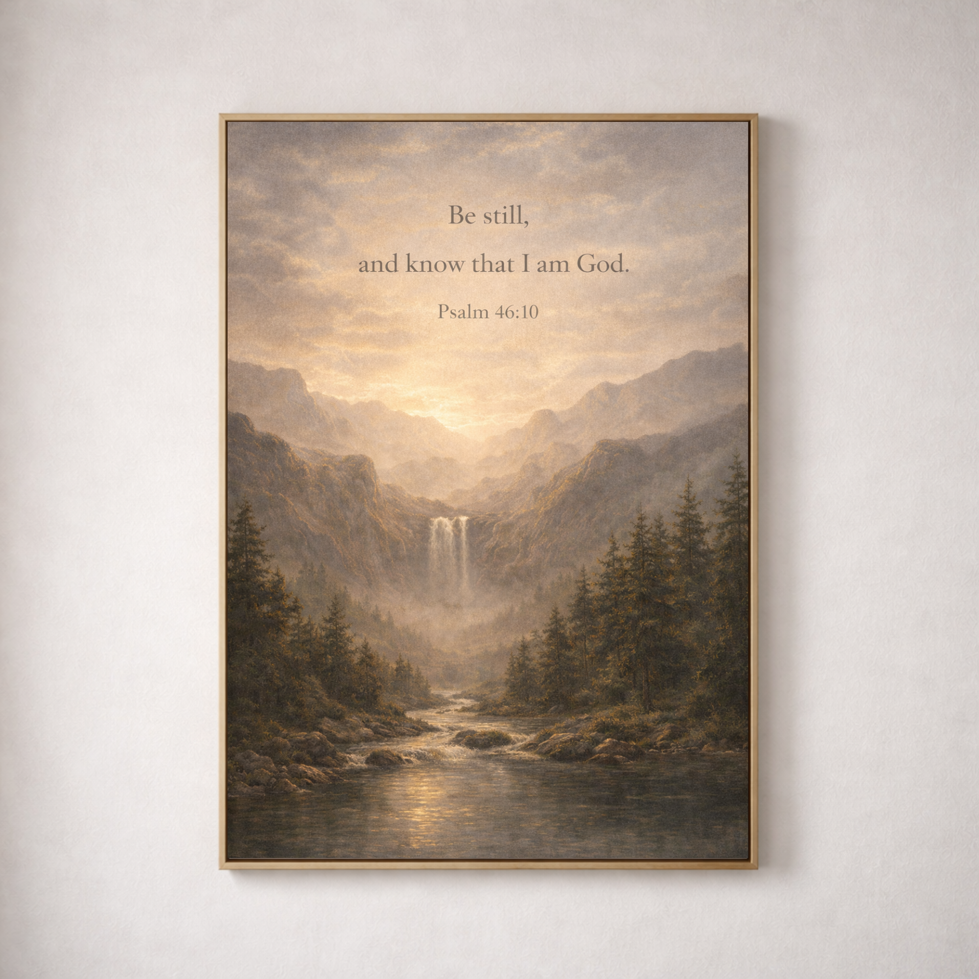psalm 46:10 on a framed canvas, wooded landscape background