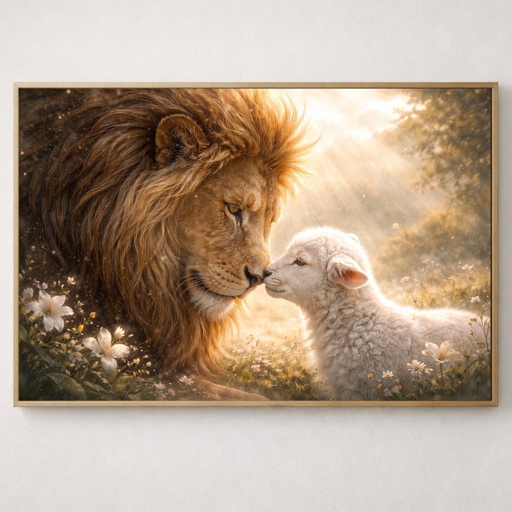 Faith inspired lion and lamb Christian artwork symbolizing peace, redemption, and biblical truth. 