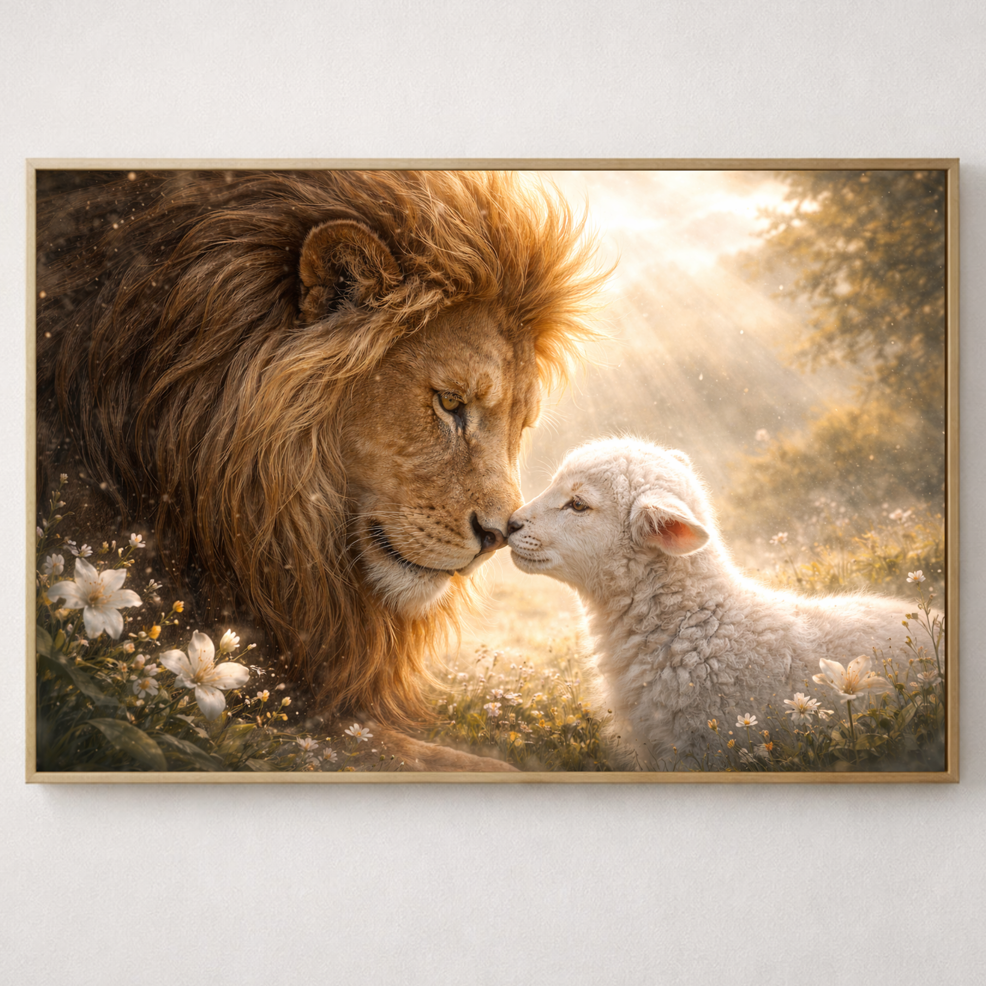 Faith inspired lion and lamb Christian artwork symbolizing peace, redemption, and biblical truth. 