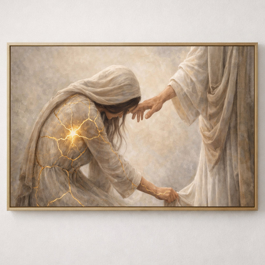 Framed artwork of a woman receiving a hand from an unseen figure with a gold frame.