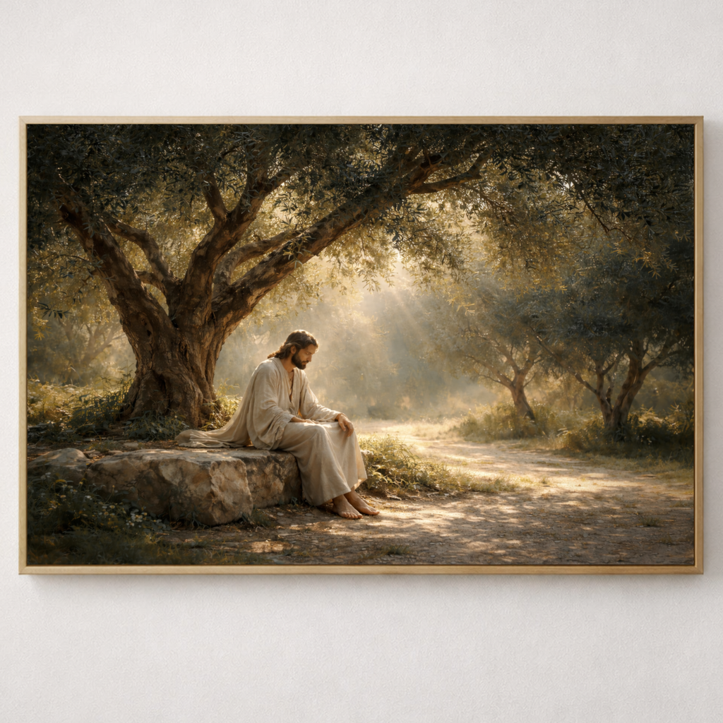 Framed artwork of a person in a white robe sitting under a tree with sunlight filtering through.