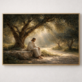 Framed artwork of a person in a white robe sitting under a tree with sunlight filtering through.