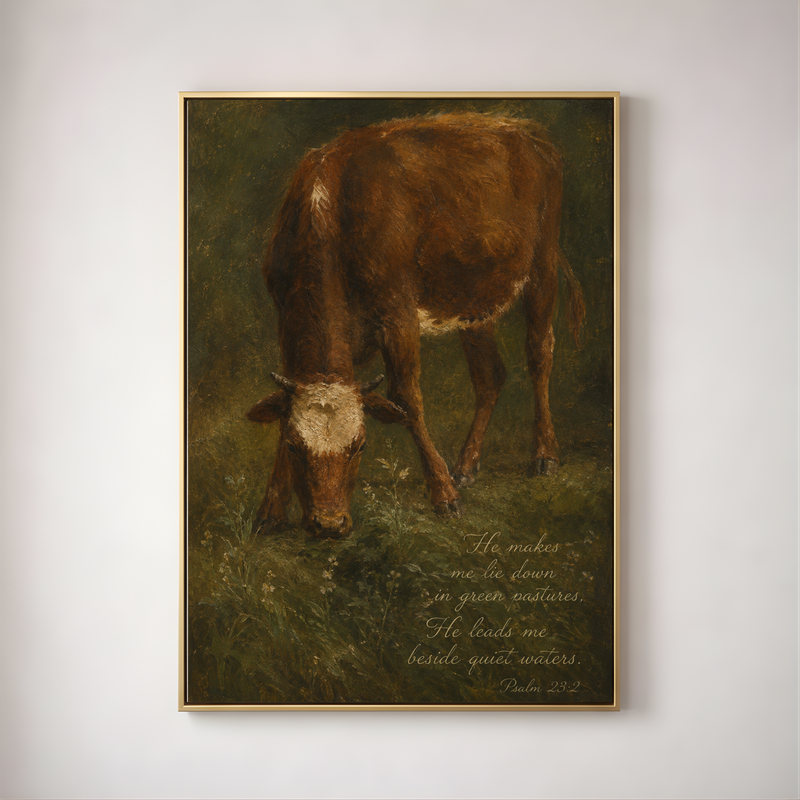 Psalm 23:2 Cow Wall Art | Vintage Christian Farmhouse Decor