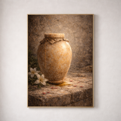 Framed artwork of a stone urn on a stone surface with flowers, against a textured wall.