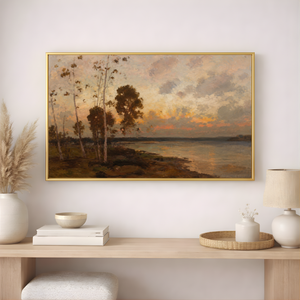 Vintage Lakeside Sunset Wall Art Print | Impressionist Painting
