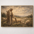 Jesus with his flock of lambs with scripture "behold, the lamb of god who takes away the sin of the world John 1:29"