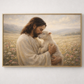 Framed artwork of jesus holding a lamb in a pastoral setting