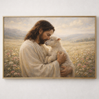 Framed artwork of jesus holding a lamb in a pastoral setting