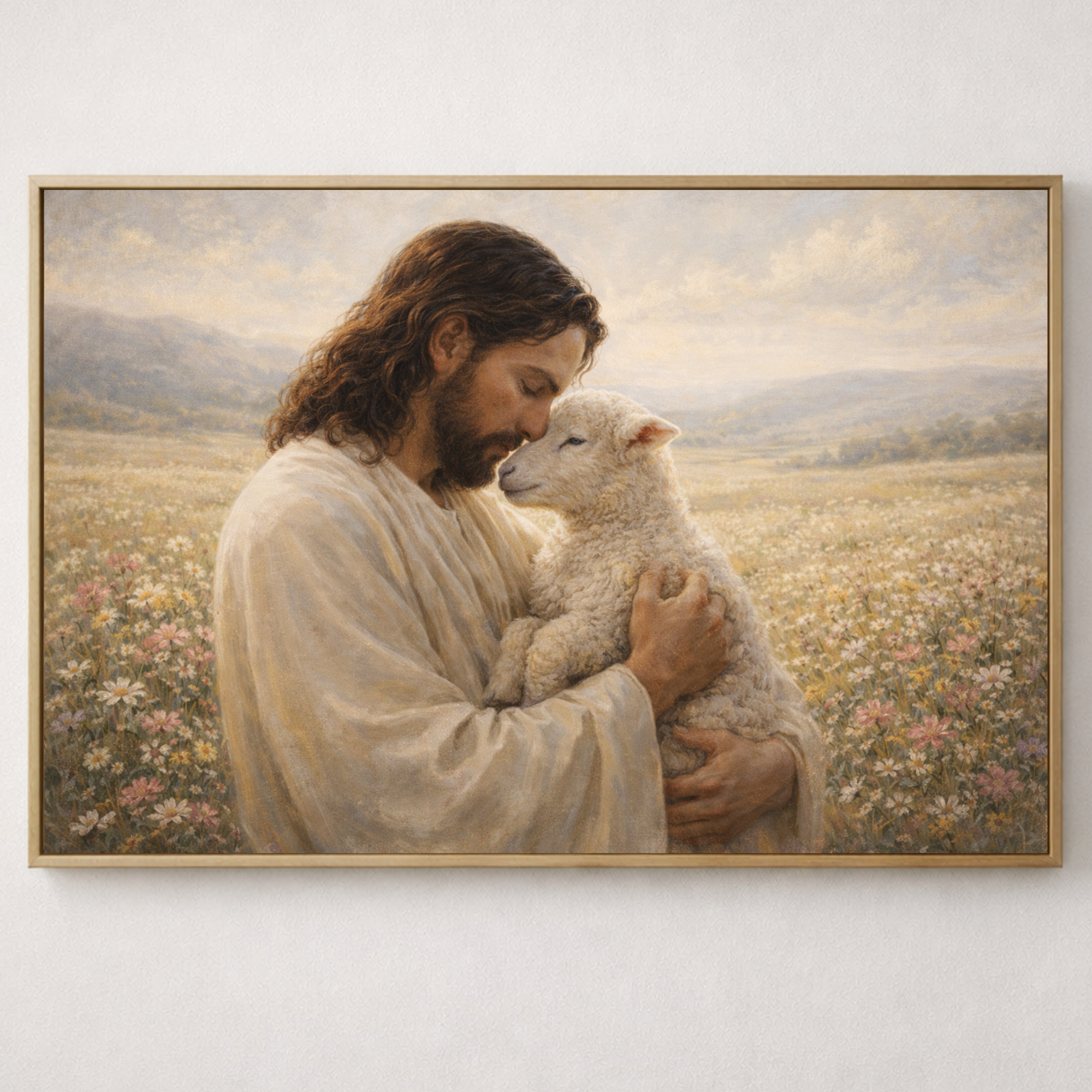 Framed artwork of jesus holding a lamb in a pastoral setting