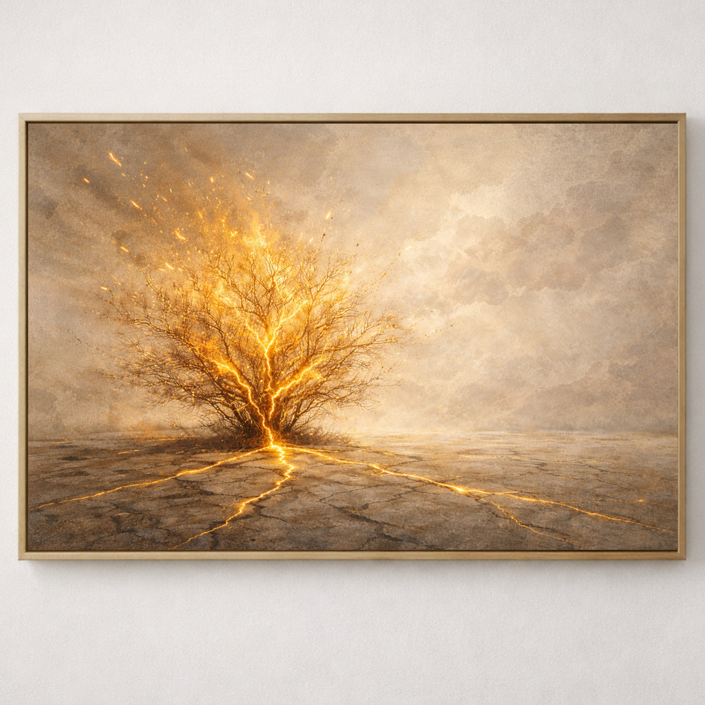Framed artwork of a glowing tree on a plain background