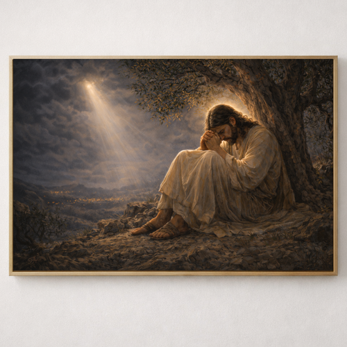 Framed artwork of a person in a white robe sitting under a tree with a ray of light shining down.