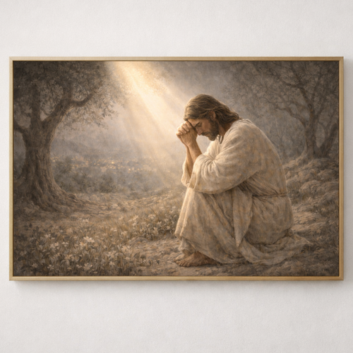 Jesus kneeling with his hands pressed against his forward in prayer, sitting next to an olive tree