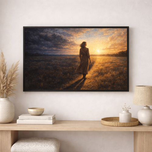 Framed artwork of a woman walking in a field at sunset, displayed on a wall above a wooden console table.