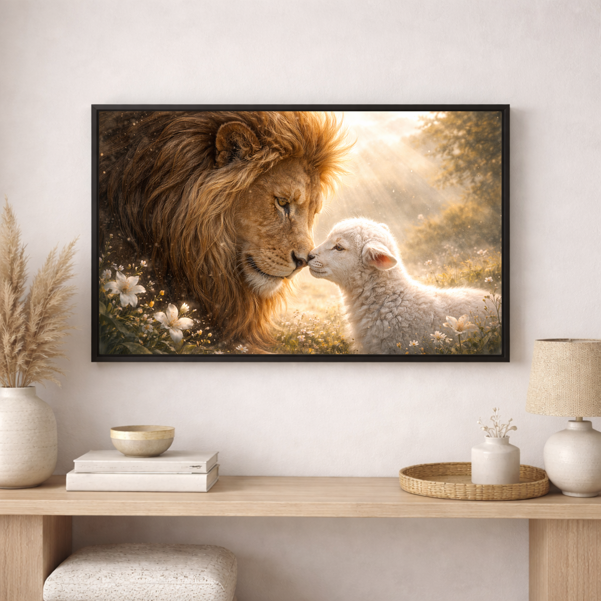 Framed artwork of a lion and lamb together on a wall above a wooden console table.