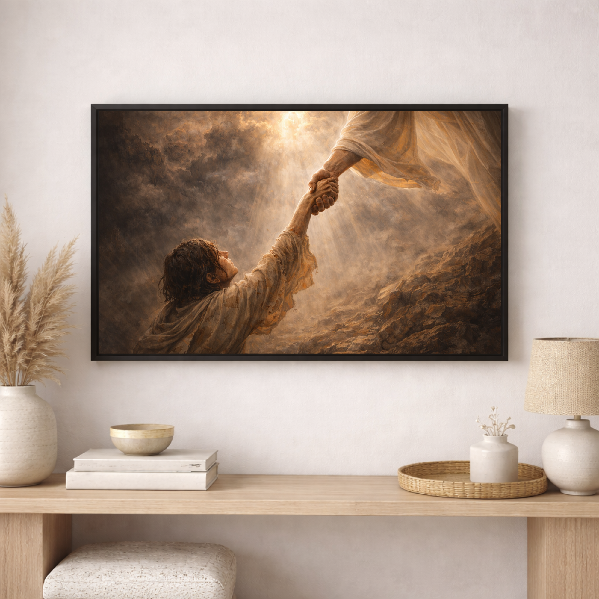 Framed artwork of two hands reaching out against a warm, glowing background on a wall above a wooden shelf.