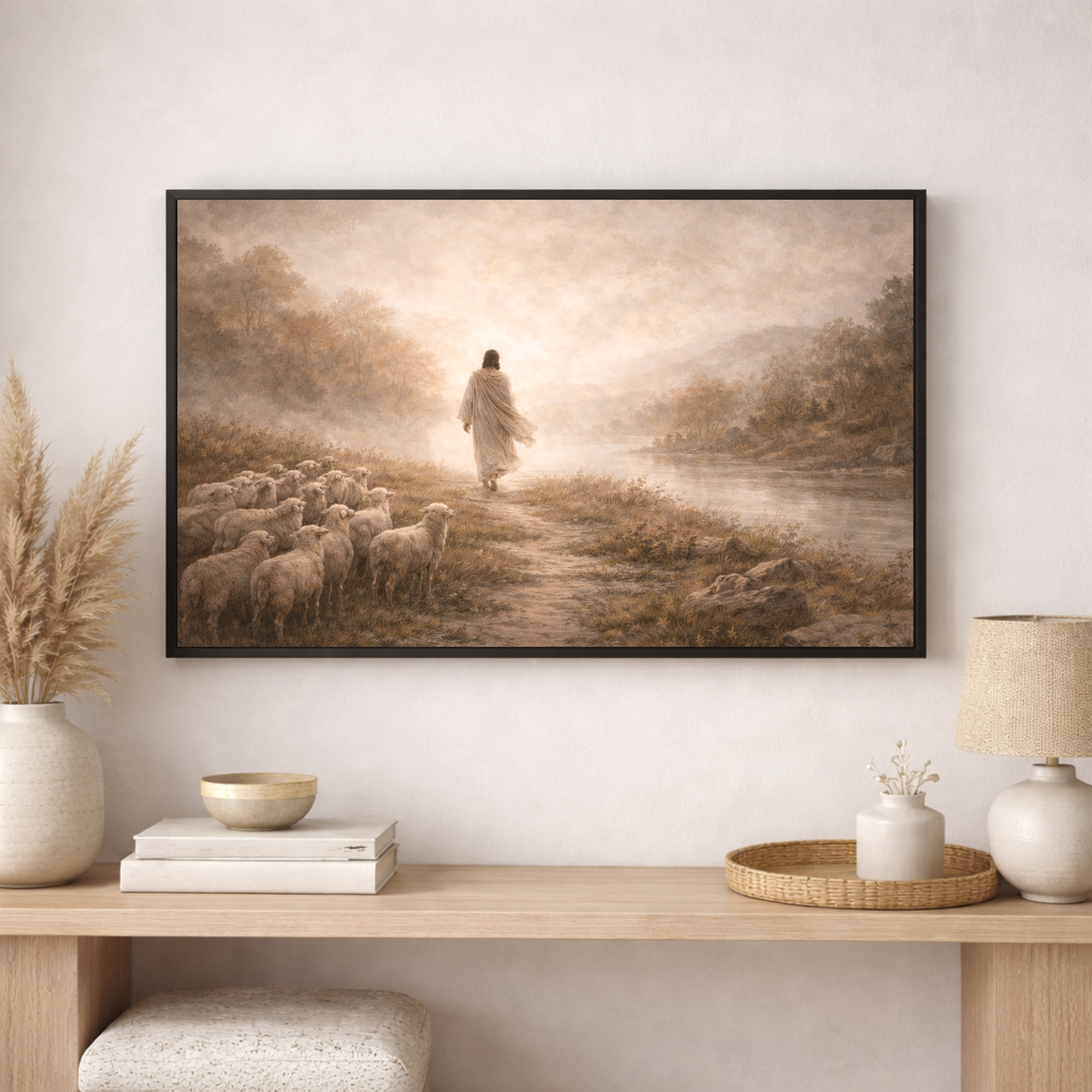 Framed artwork of a shepherd with sheep on a wall above a wooden console table.