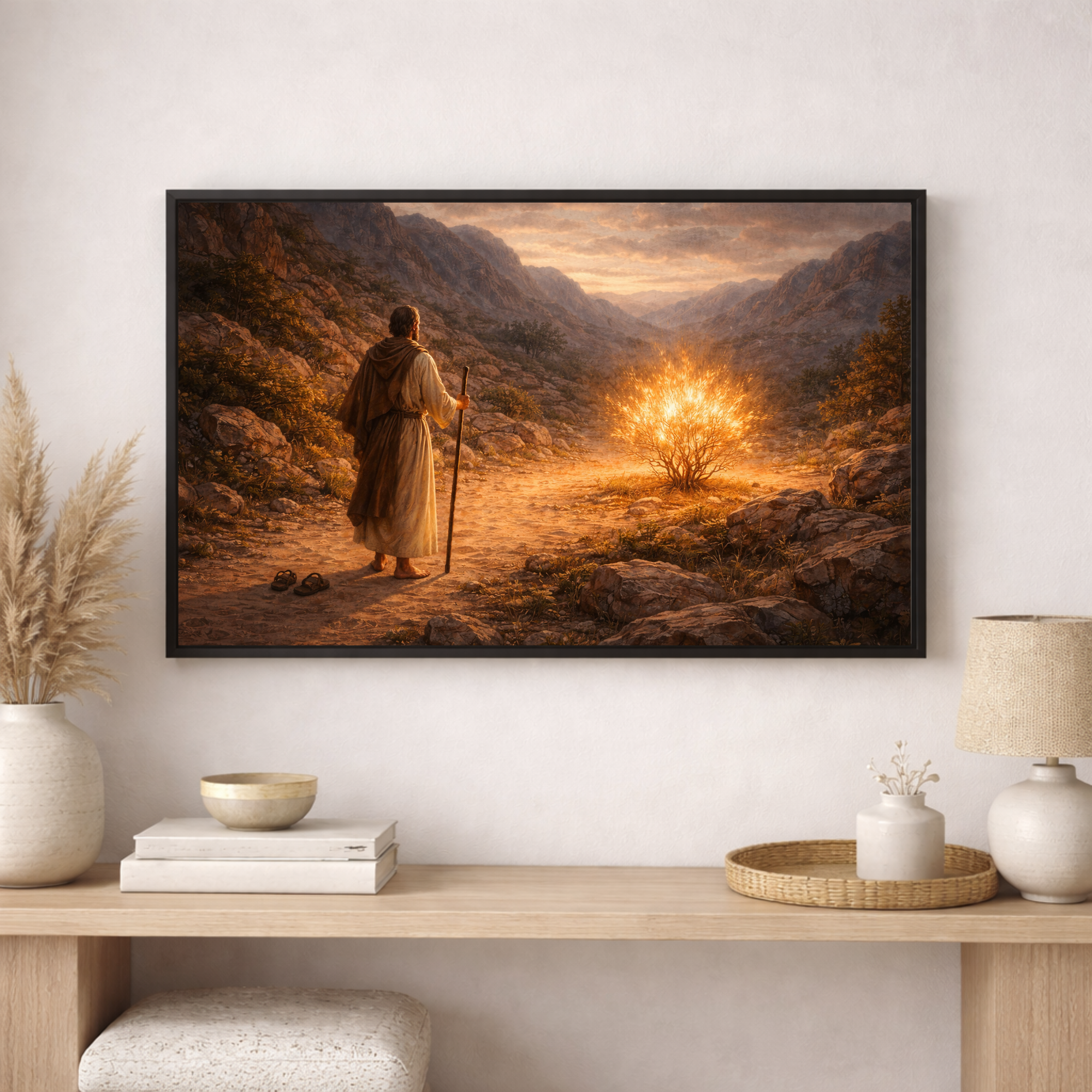 Framed artwork of a person walking towards a glowing light on a mountain path, displayed on a wall above a wooden console table.