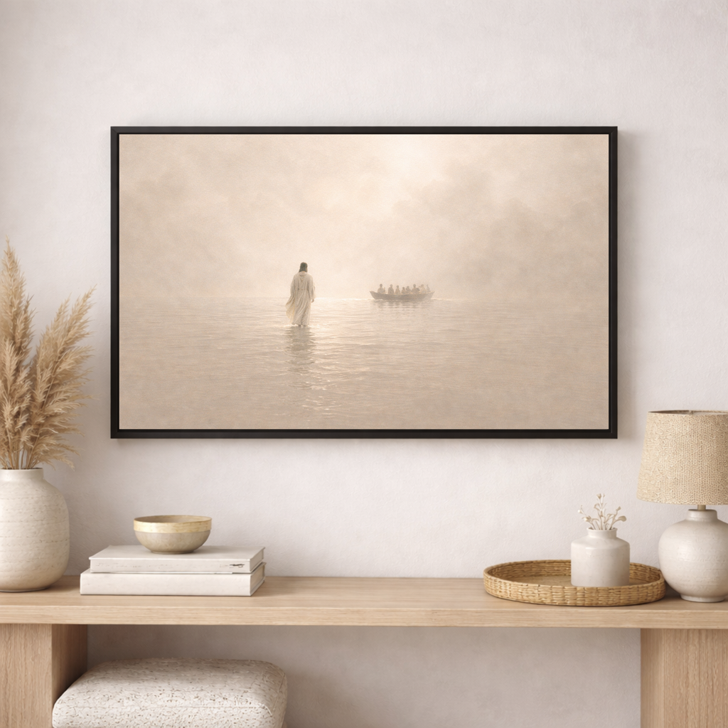 Framed artwork of jesus and boat on water in a minimalistic room with decor items.