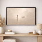 Framed artwork of jesus and boat on water in a minimalistic room with decor items.