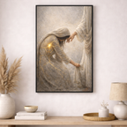 Framed artwork of two people holding hands on a wall above a wooden shelf with decor items.