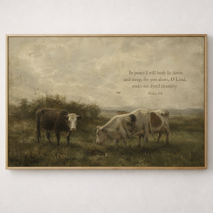 Psalm 4:8 Pastoral Cow Painting | Moody Christian Farmhouse Wall Art
