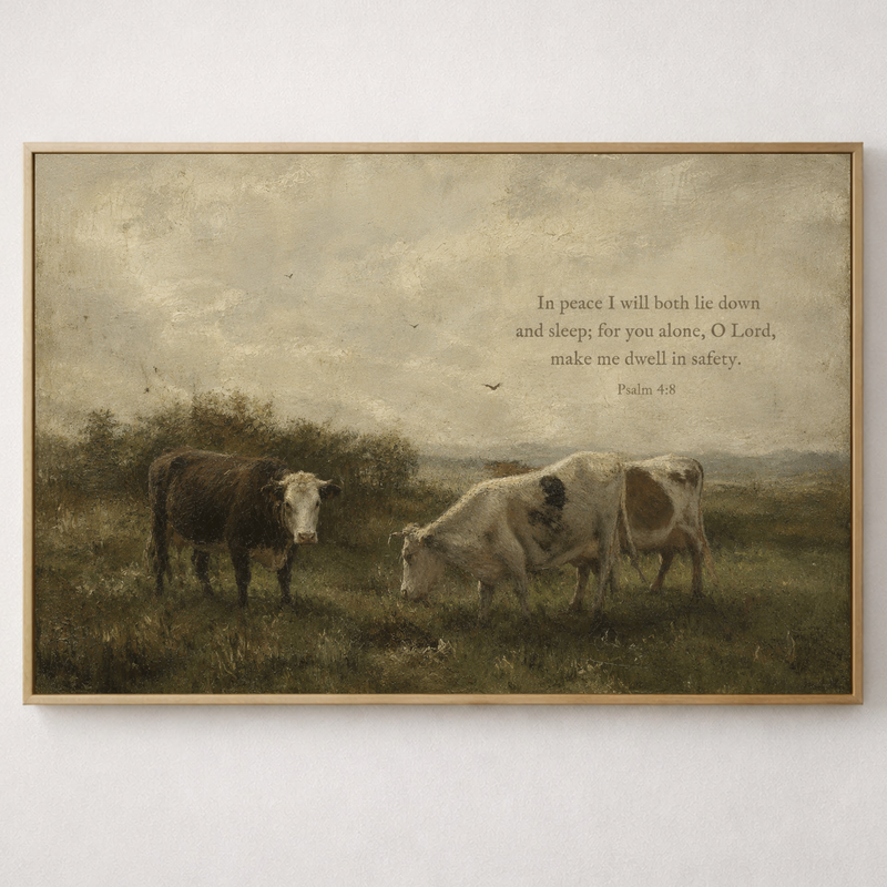 Psalm 4:8 Pastoral Cow Painting | Moody Christian Farmhouse Wall Art