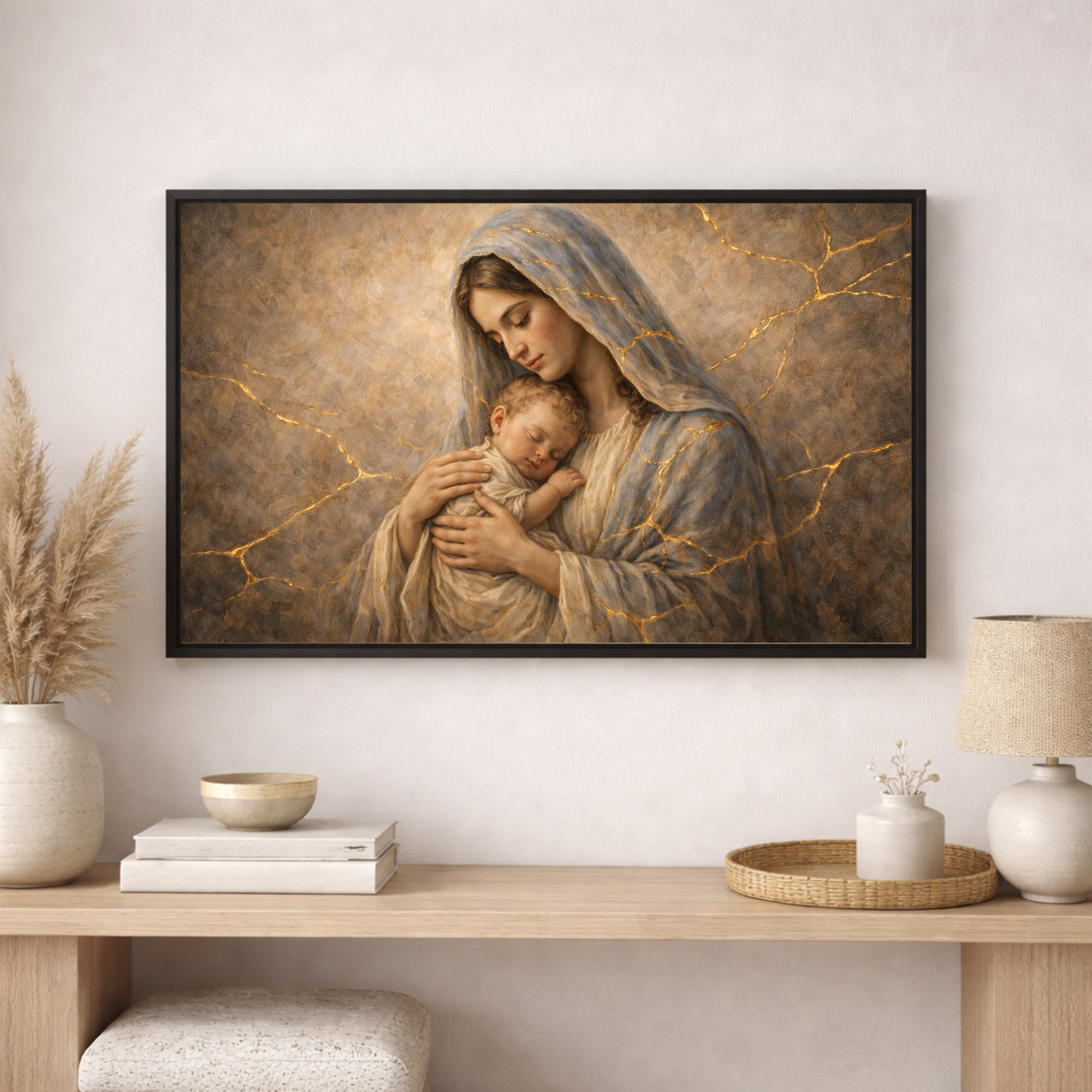 Framed artwork of a woman holding a child on a wall above a wooden console table with decorative items.