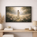 A peaceful Christian artwork depicting Jesus as the Good Shepherd surrounded by lambs in a sunlit meadow. 