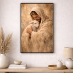 Framed artwork of a robed figure holding a lamb on a wall above a wooden console table with decorative items.