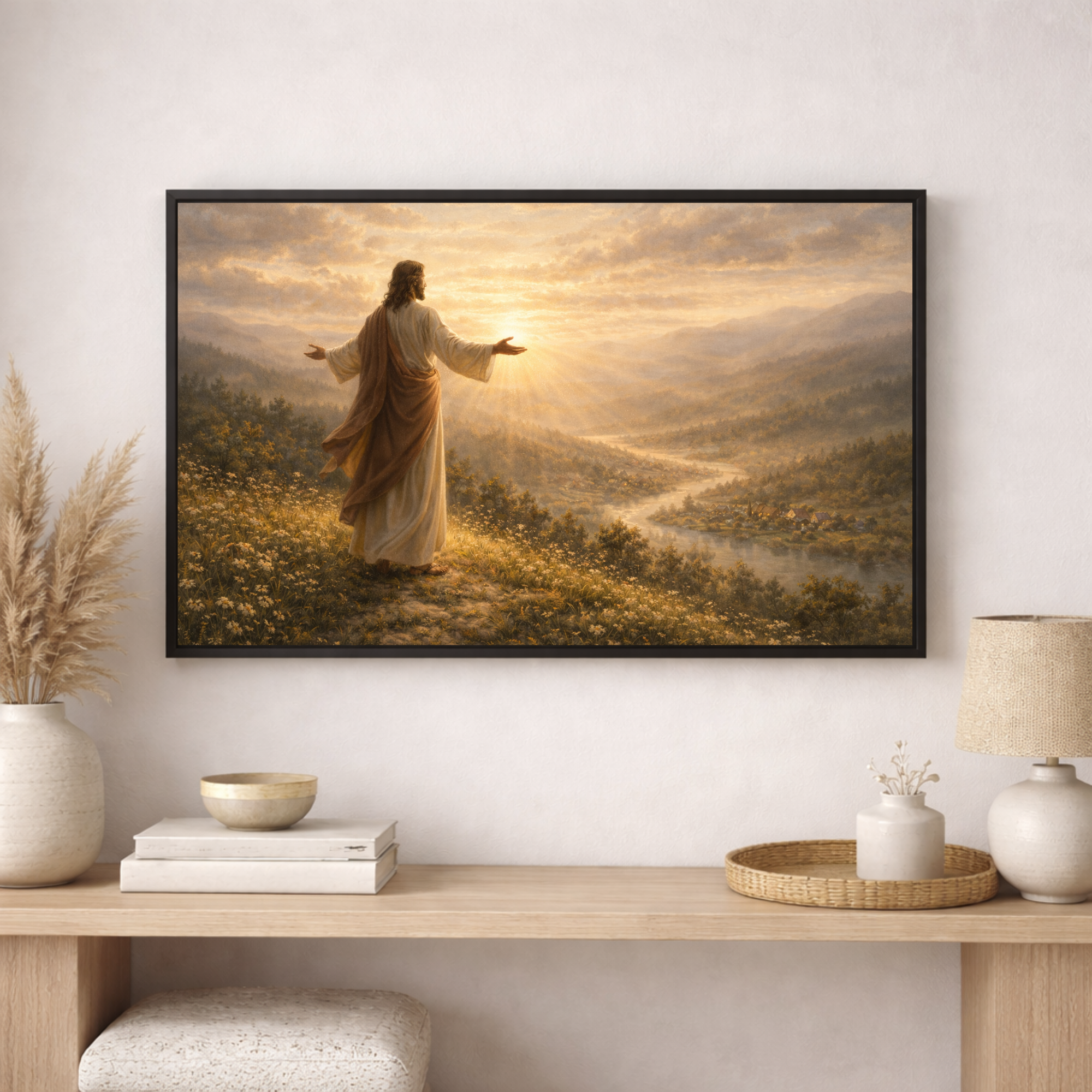 Framed artwork of a religious figure standing on a hill with a sunset, displayed in a home setting.