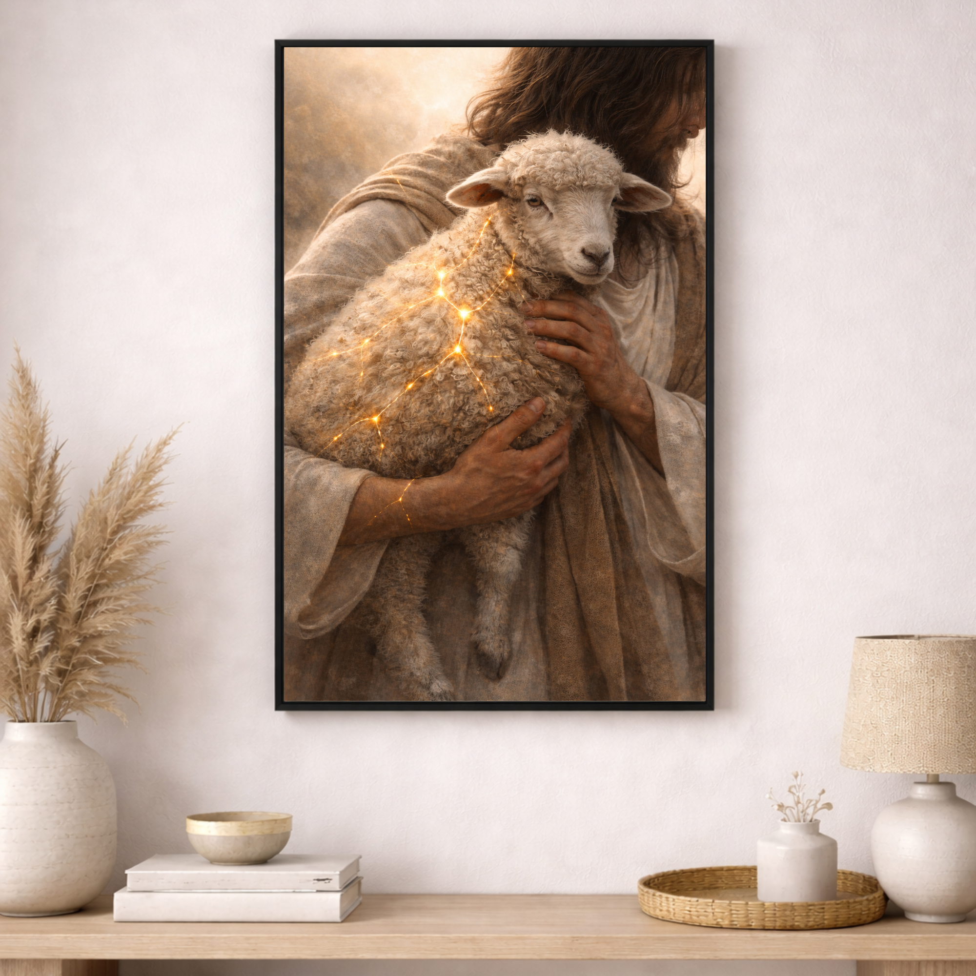 Framed artwork of a person holding a lamb with glowing lights, displayed on a wall above a wooden shelf.