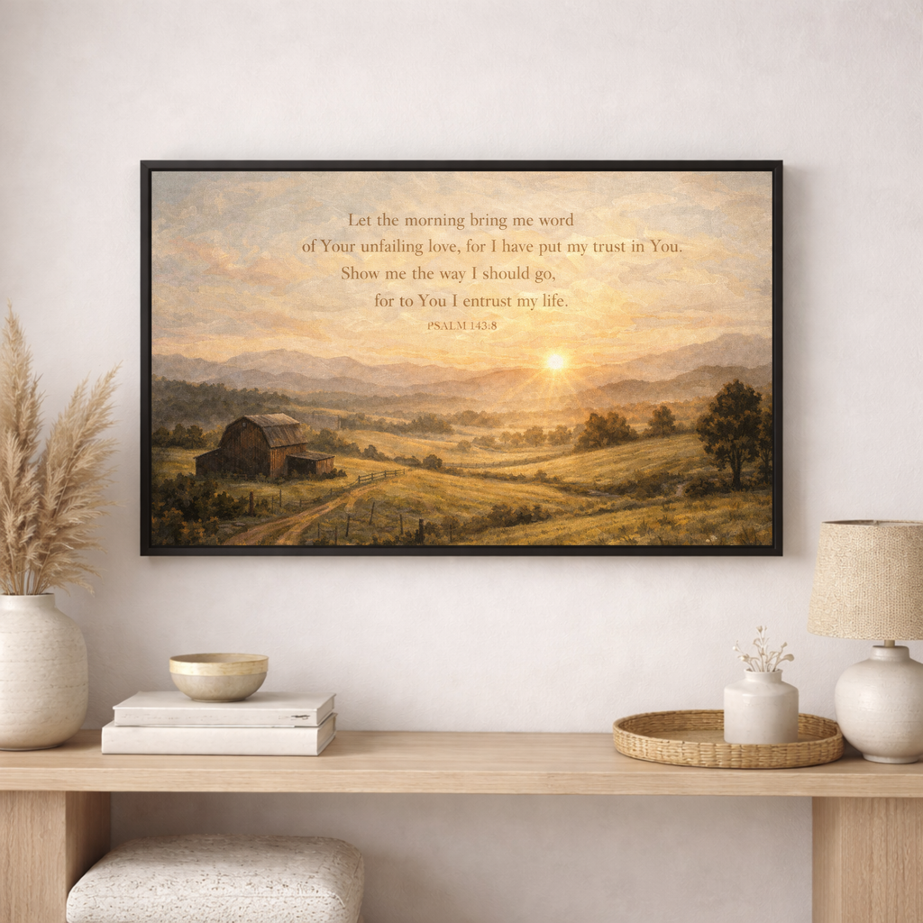 Framed landscape print with a sunset over a barn on a wall above a wooden console table.