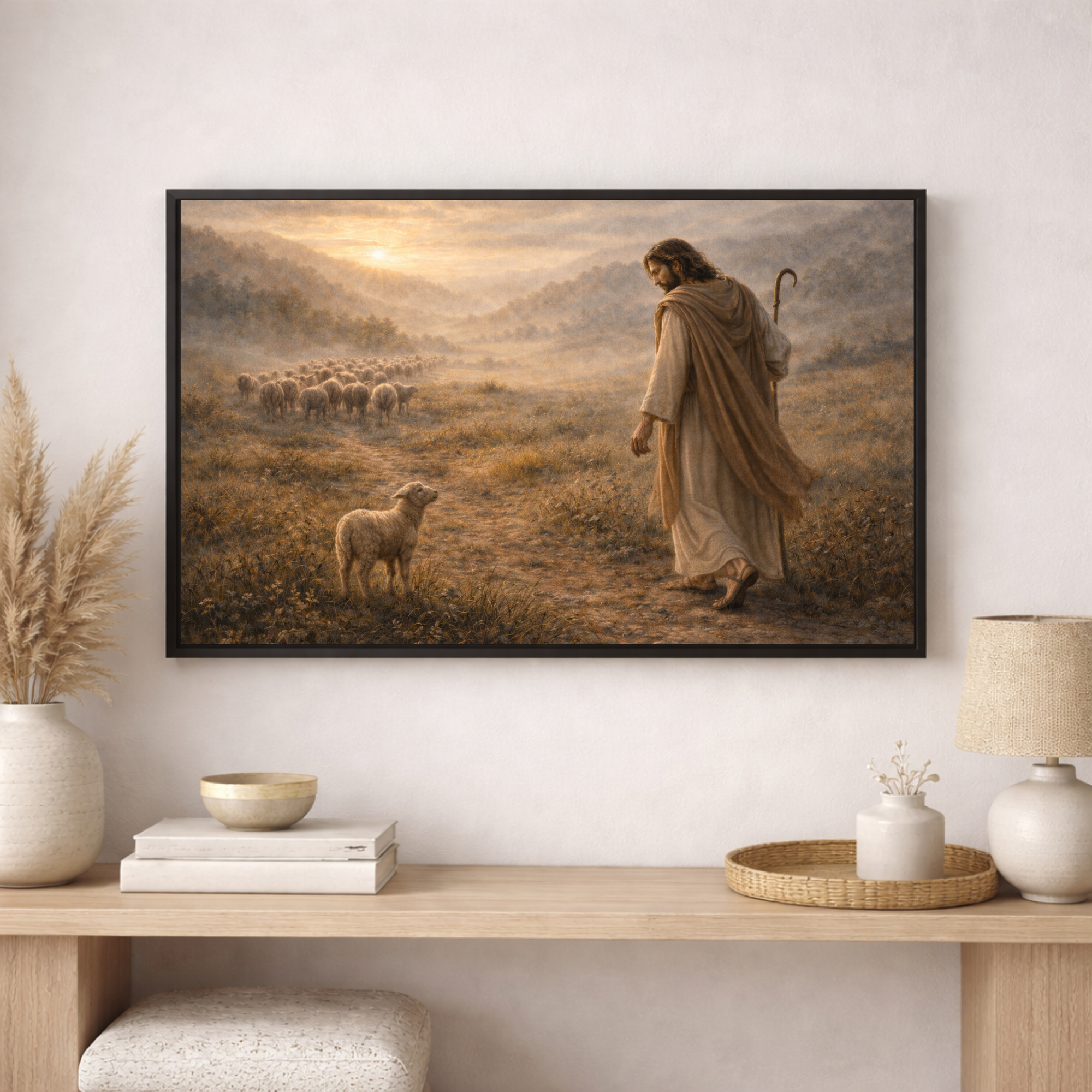 Framed artwork of a shepherd with sheep on a wall above a wooden console table.